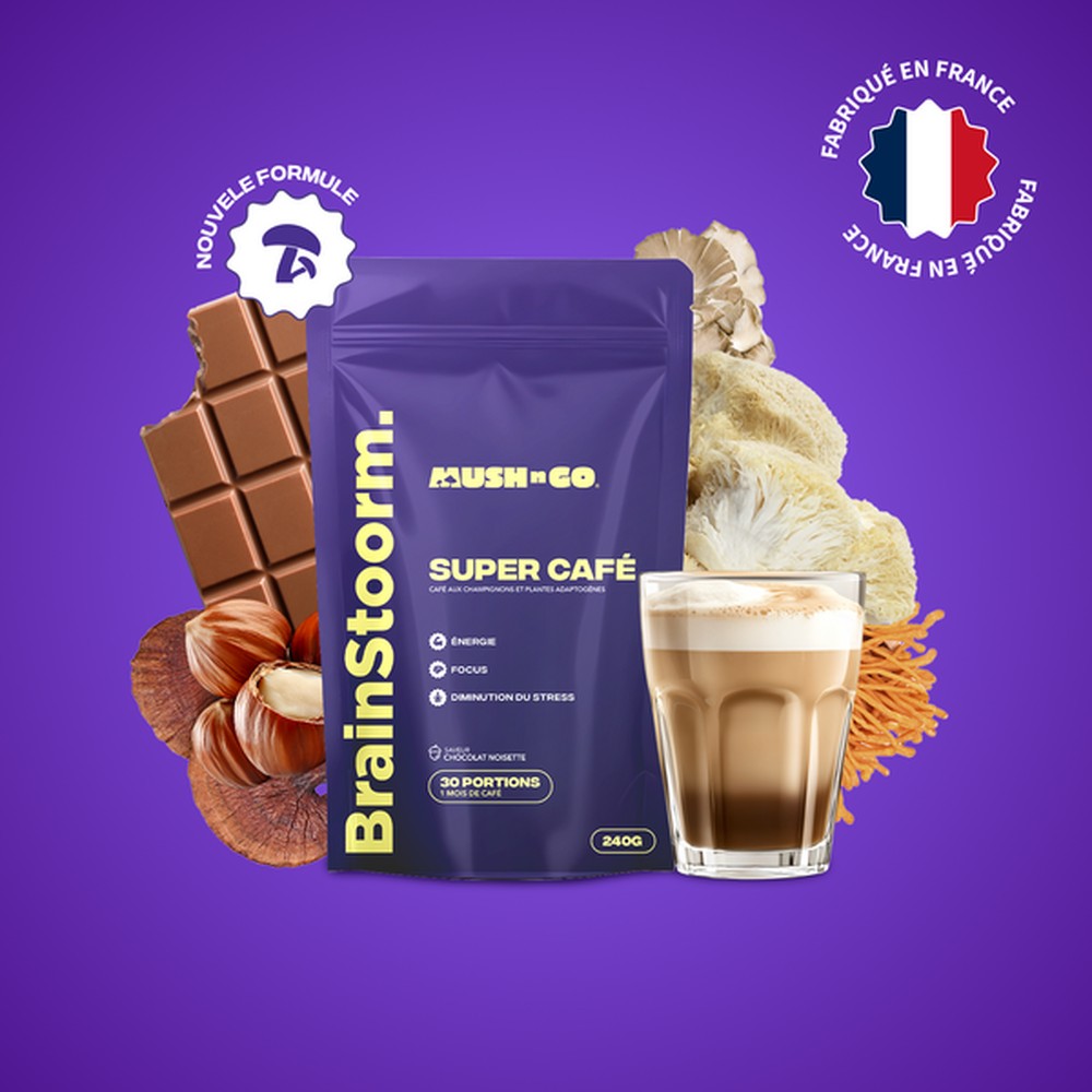 Brainstoorm Mush n Go — Café aux champignons adaptogènes Cacao chocolat-noisette 240g